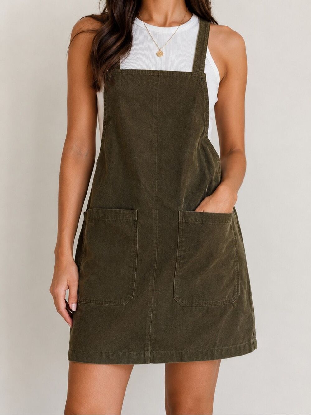 Madewell Olive Green Corduroy Overall Dress Size M Pinafore Utility Mini